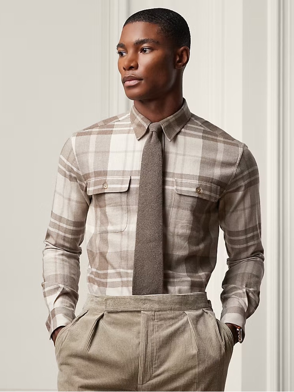 Ralph Lauren Beige and Cream Plaid Button-Down Shirt NWT